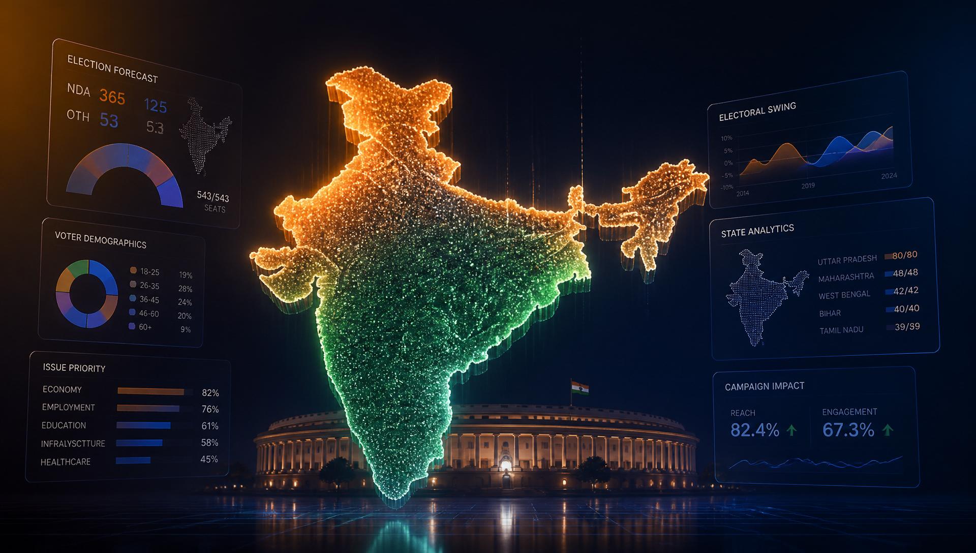 Illuminated 3D India map with election analytics dashboards floating over Parliament